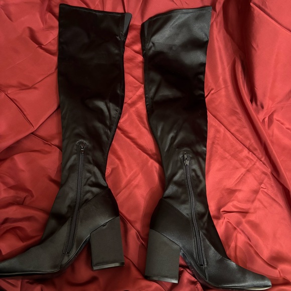 Marc Fisher tall over the knee gothic black satin heeled boots - Picture 5 of 6